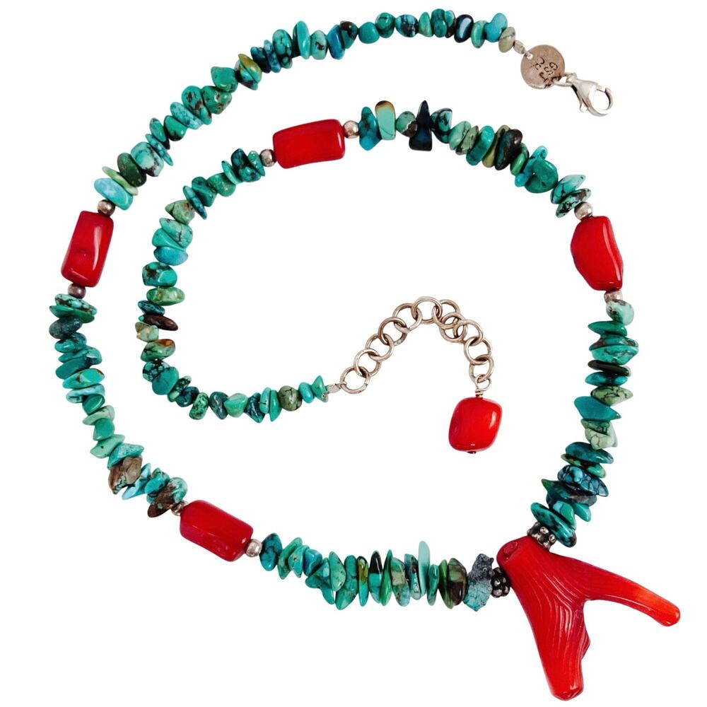 Turquoise & Red Bamboo Coral Southwest Artisan Necklace 925 Sterling Silver 16"